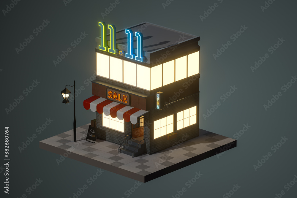 Cartoon store, modern shop building, 3d rendering.