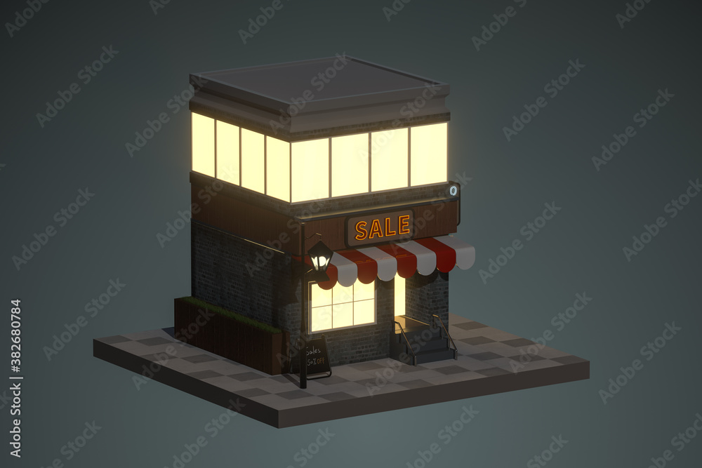 Cartoon store, modern shop building, 3d rendering.