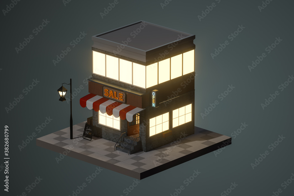 Cartoon store, modern shop building, 3d rendering.