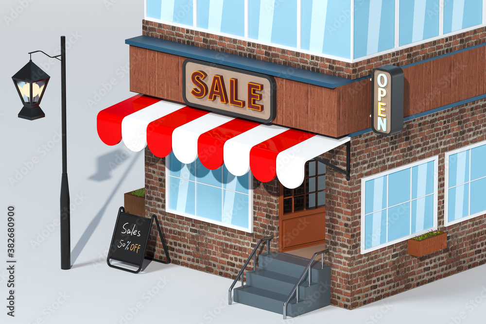 Cartoon store, modern shop building, 3d rendering.