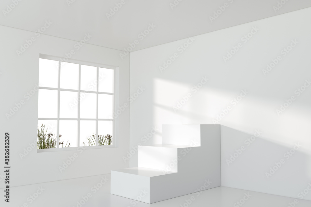 White empty room with staircase inside, 3d rendering.