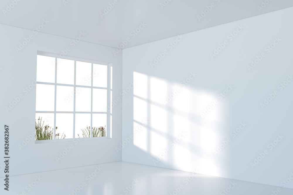 White empty room with sunlight come from the window, 3d rendering.