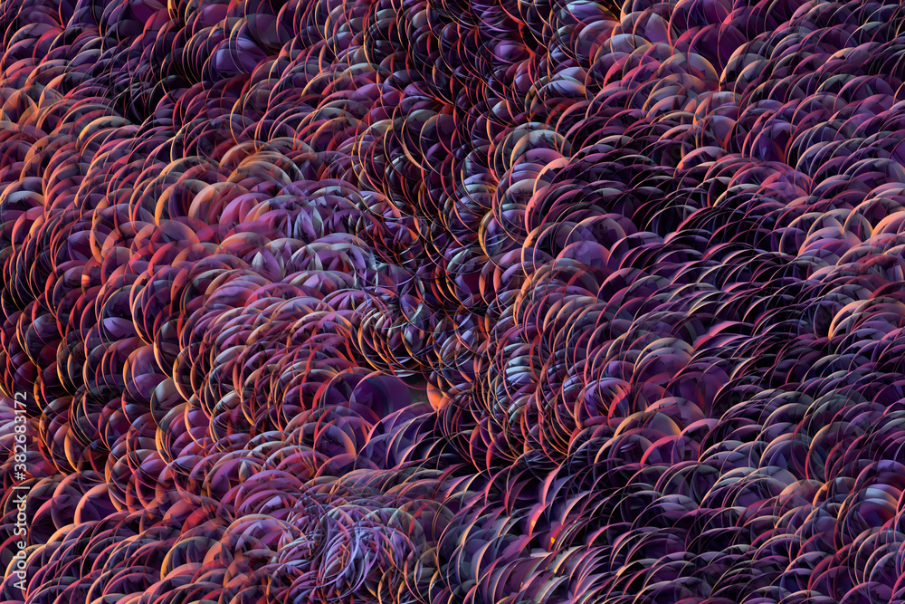 Growing wavy particles, abstract color background, 3d rendering.