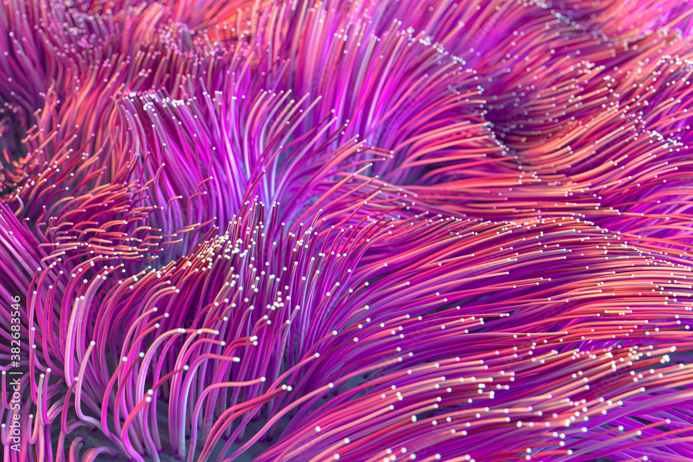 Growing wavy particles, abstract color background, 3d rendering.