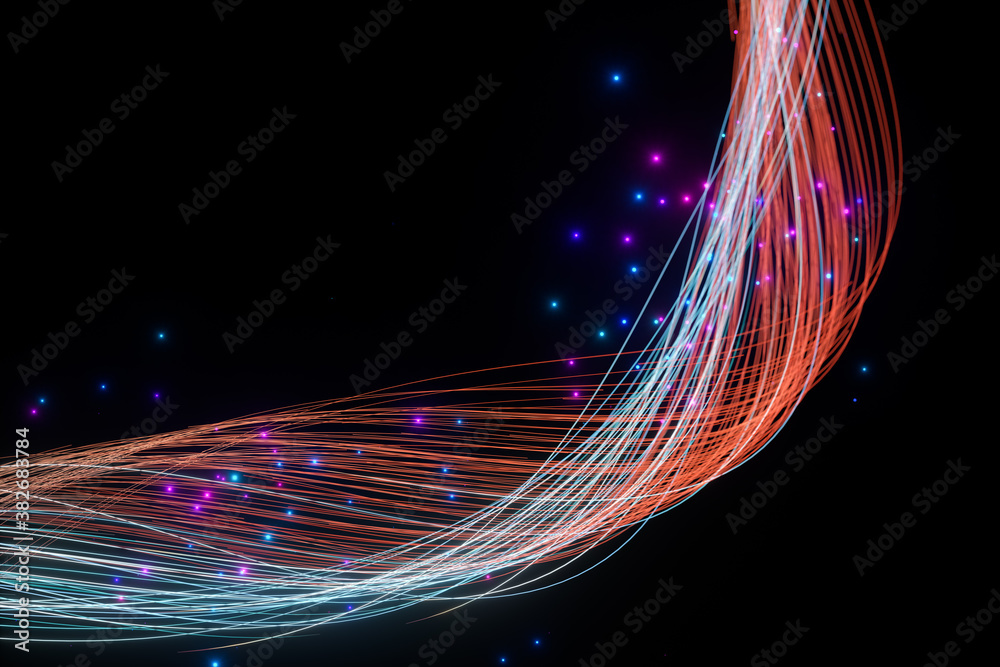 Flowing glowing neon lines with black background, 3d rendering.