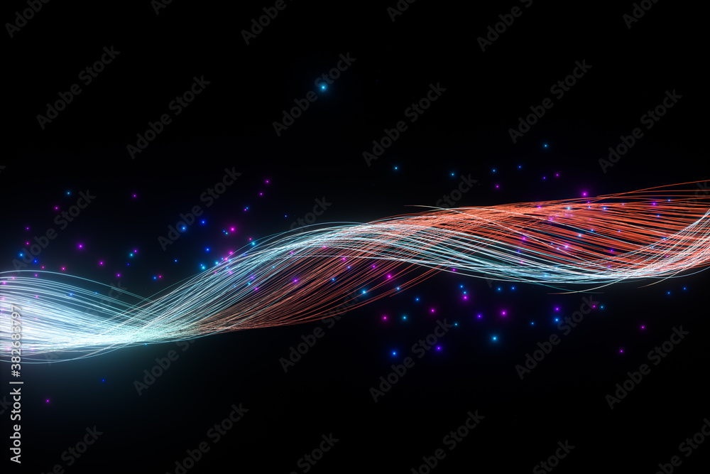 Flowing glowing neon lines with black background, 3d rendering.