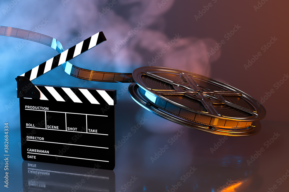 Clapper board and film tape with dark background, 3d rendering.