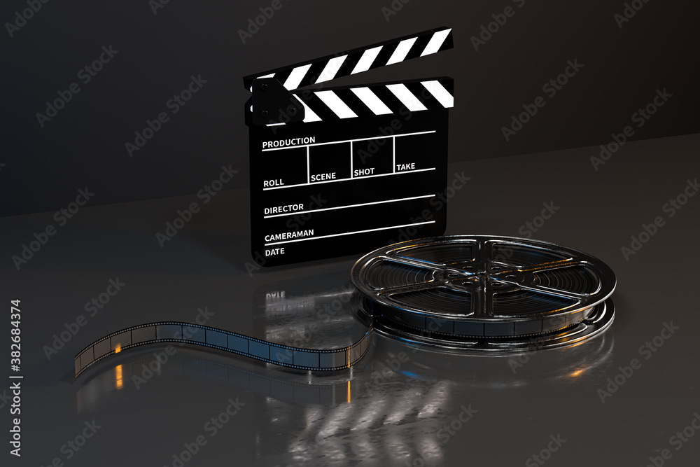 Clapper board and film tape with dark background, 3d rendering.