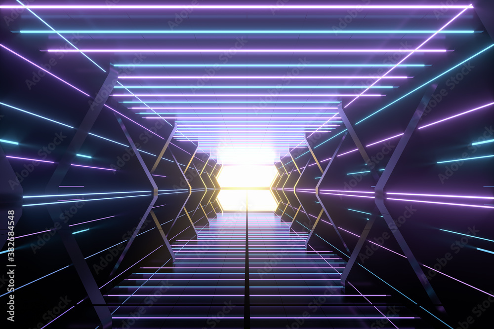 Dark spaceship tunnel with glowing lines, 3d rendering.