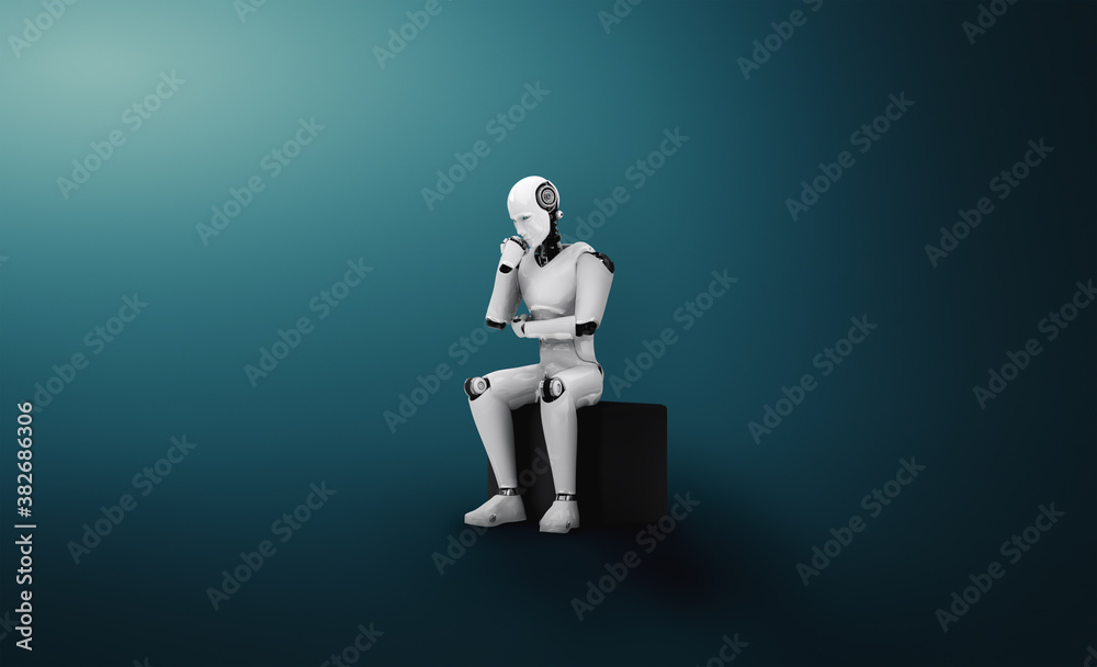 Thinking AI humanoid robot analyzing information data in concept of artificial intelligence by machi