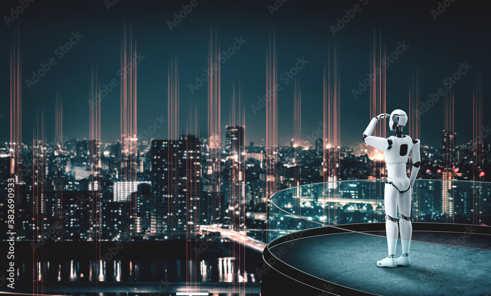 3D illustration robot humanoid looking forward against cityscape skyline . Concept of leadership, id