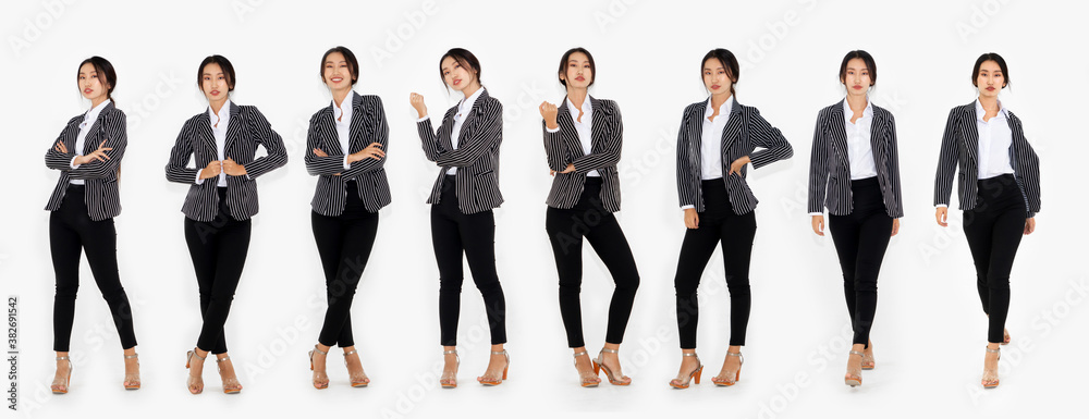 Different pose of same Asian woman full body portrait set on white background wearing formal busines