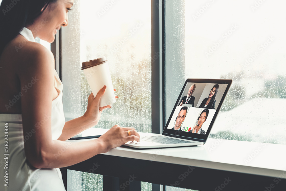 Video call business people meeting on virtual workplace or remote office. Telework conference call u