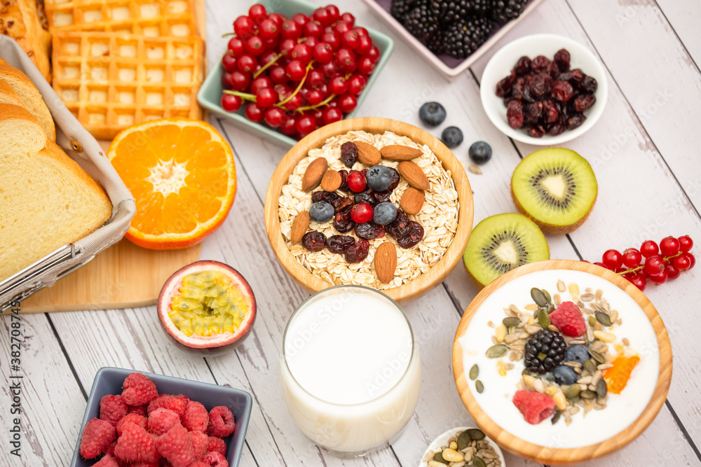 Breakfast Served in the morning with Butter bread and corn flakes Whole grains and raisins with milk