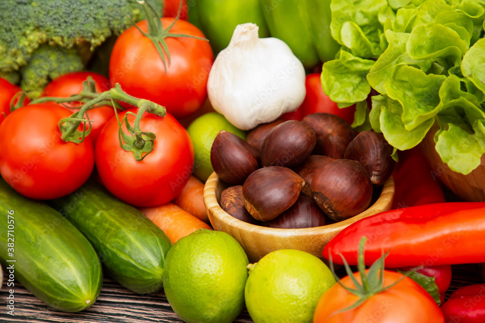 Group vegetables and Fruits Apples, grapes, oranges, pineapples, bananas in a wooden basket with car