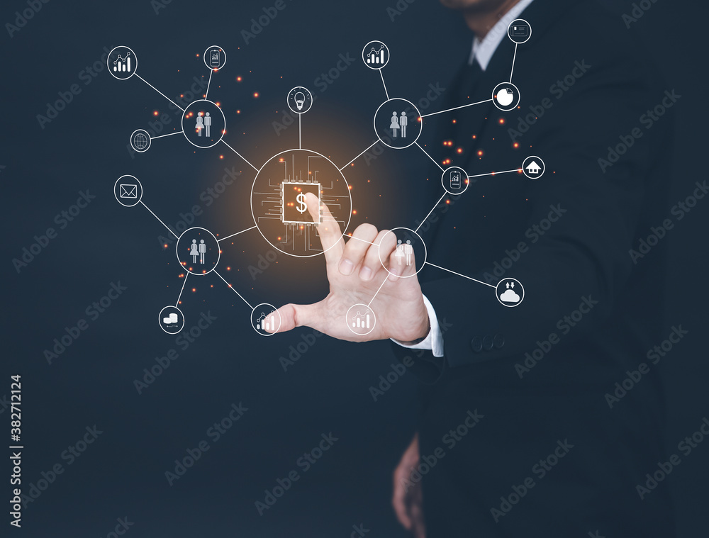 Businessman Touching Digital transformation icon in graph Screen Icon of a media screen, business pr