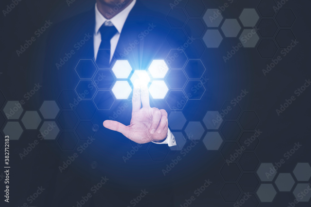 Businessman Touching in graph Screen Icon of a media screen, Technology Process System Business conc