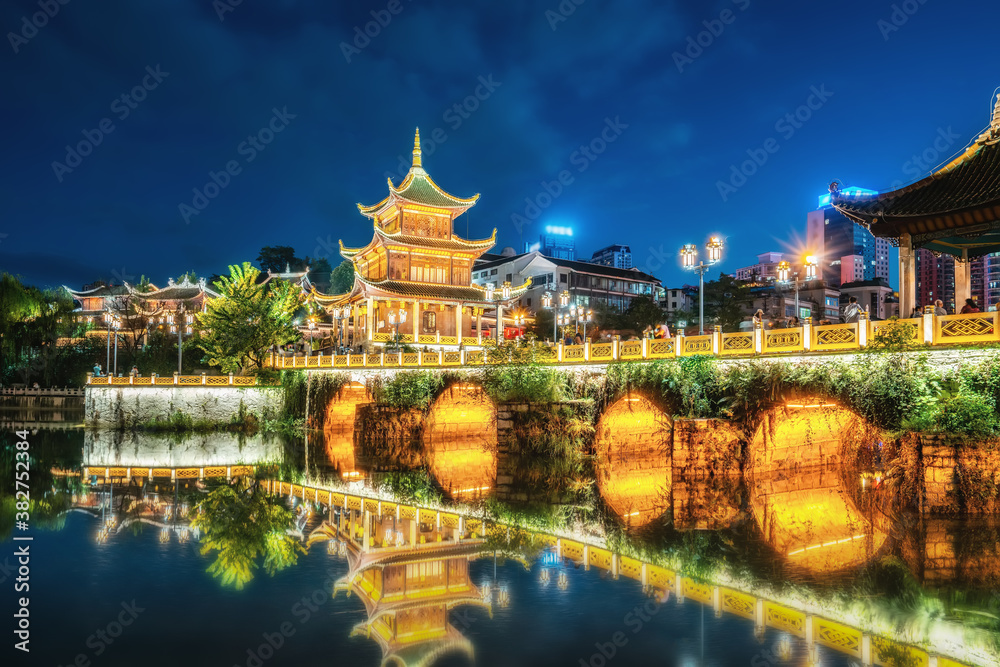 Guiyang China skyline at Jiaxiu Pavilion on the Nanming River