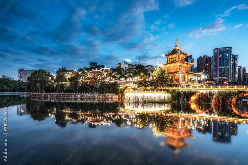 Guiyang China skyline at Jiaxiu Pavilion on the Nanming River