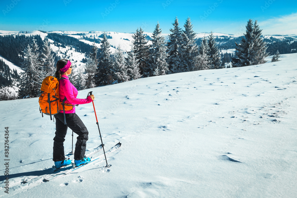 Ski touring on the snowy hills, Carpathians, Transylvania, Romania