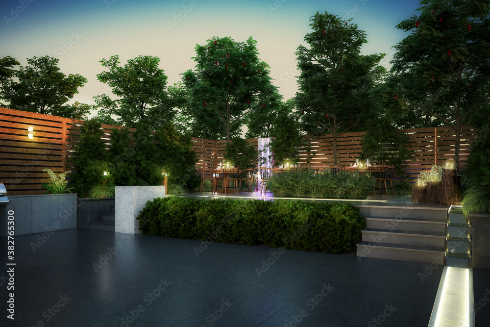 Garden Restaurant by Evening (planning) - 3d visualization