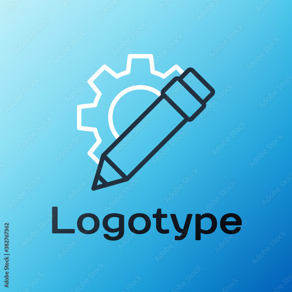 Line Pencil and gear icon isolated on blue background. Creative development. Blogging or copywriting