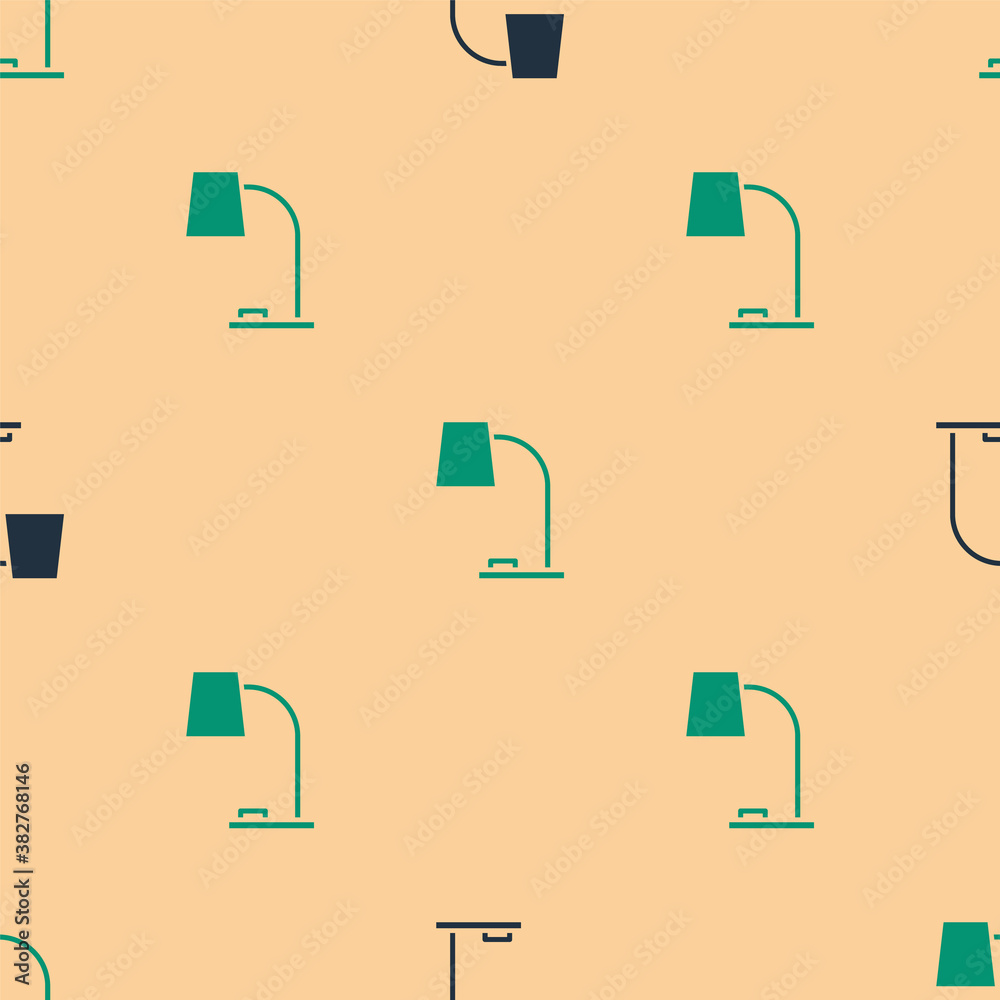 Green and black Table lamp icon isolated seamless pattern on beige background. Table office lamp. Ve