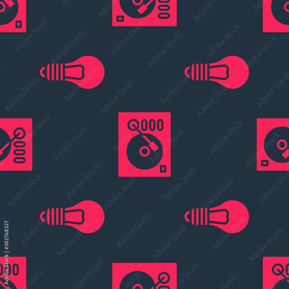 Set Light bulb with concept of idea and Vinyl player on seamless pattern. Vector.