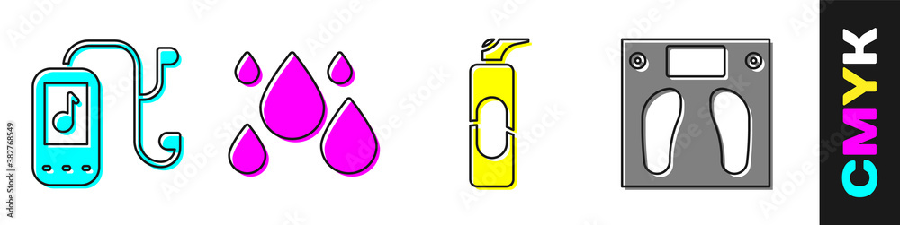 Set Music player, Water drop, Spray can for hairspray and Bathroom scales icon. Vector.