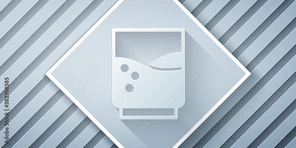 Paper cut Glass with water icon isolated on grey background. Soda glass. Paper art style. Vector Ill