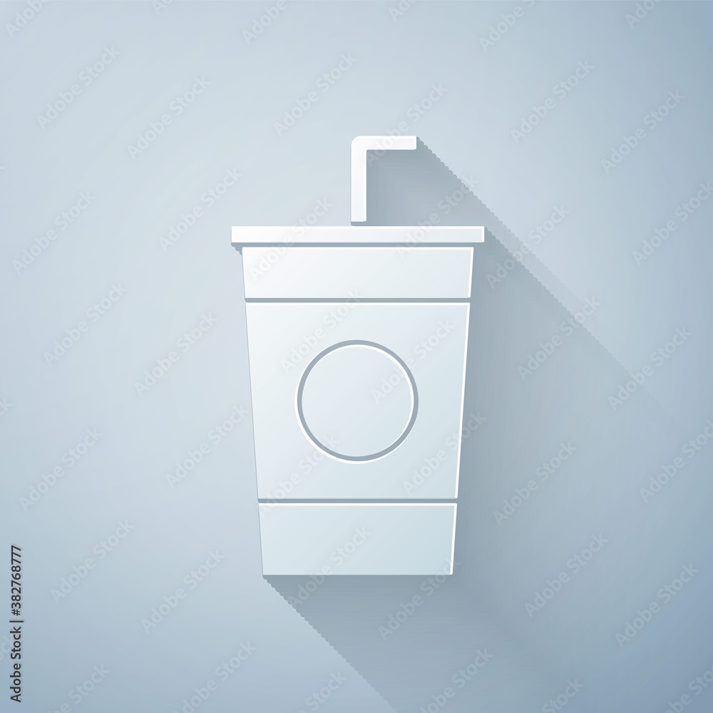 Paper cut Paper glass with drinking straw and water icon isolated on grey background. Soda drink gla