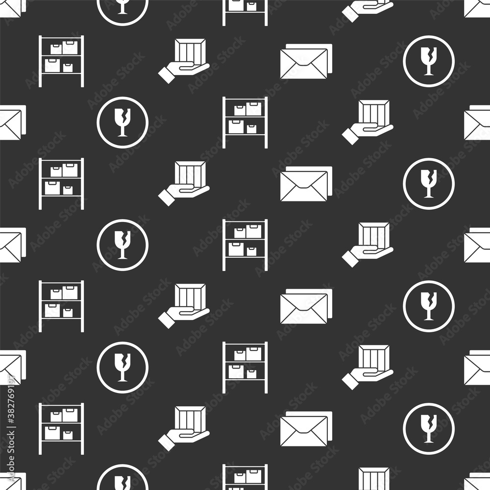 Set Envelope, Fragile broken glass, Warehouse and Delivery hand with boxes on seamless pattern. Vect