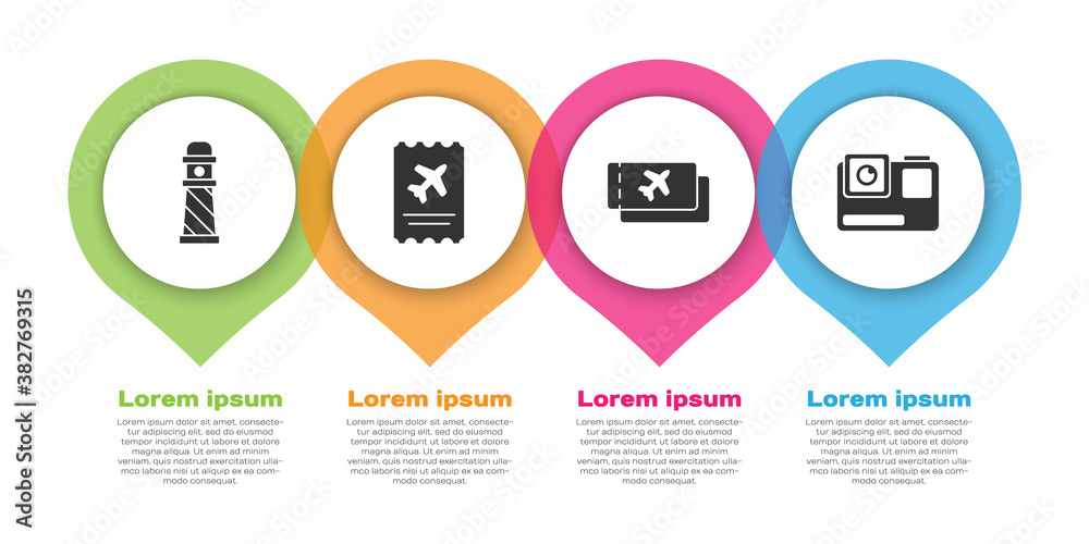 Set Lighthouse, Airline ticket, Airline ticket and Action extreme camera. Business infographic templ