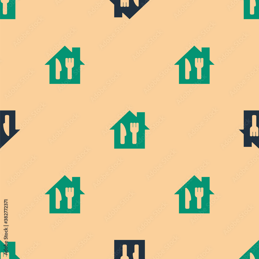 Green and black Online ordering and fast food delivery icon isolated seamless pattern on beige backg