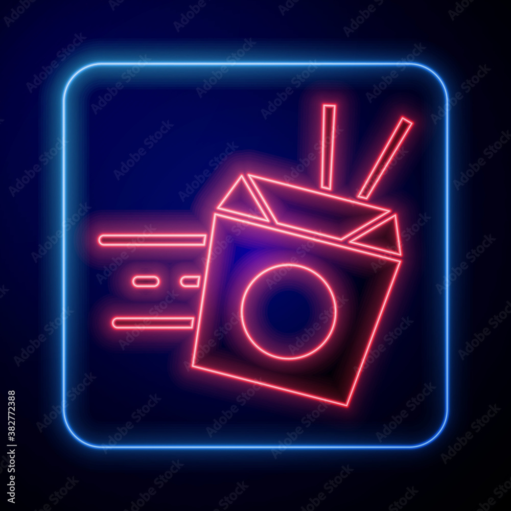 Glowing neon Online ordering and noodles delivery icon isolated on blue background. Vector.