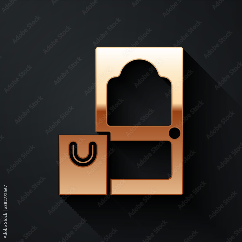 Gold Online ordering and fast food delivery icon isolated on black background. Long shadow style. Ve