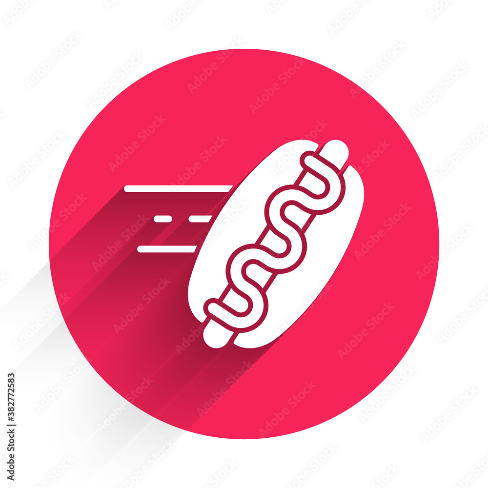 White Online ordering and hotdog sandwich icon isolated with long shadow. Sausage icon. Fast food si