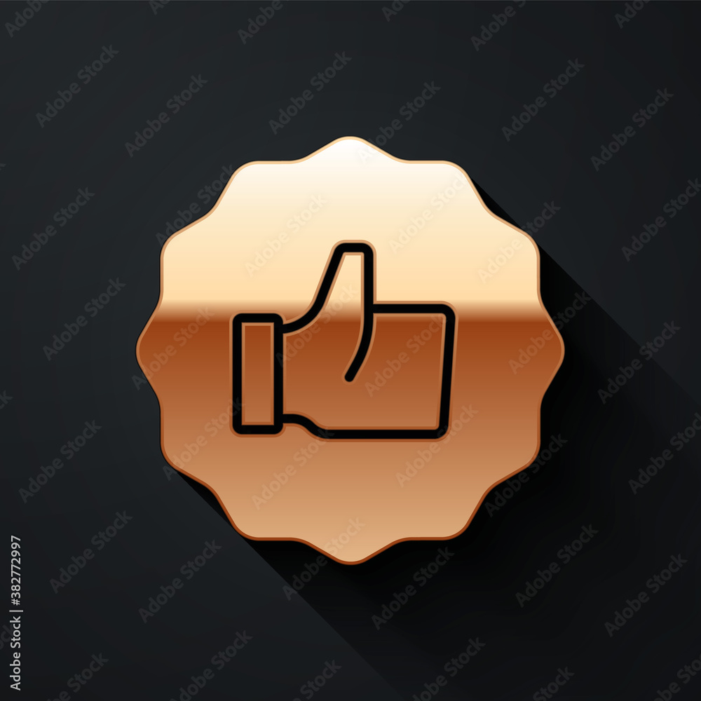 Gold Hand thumb up icon isolated on black background. Long shadow style. Vector.