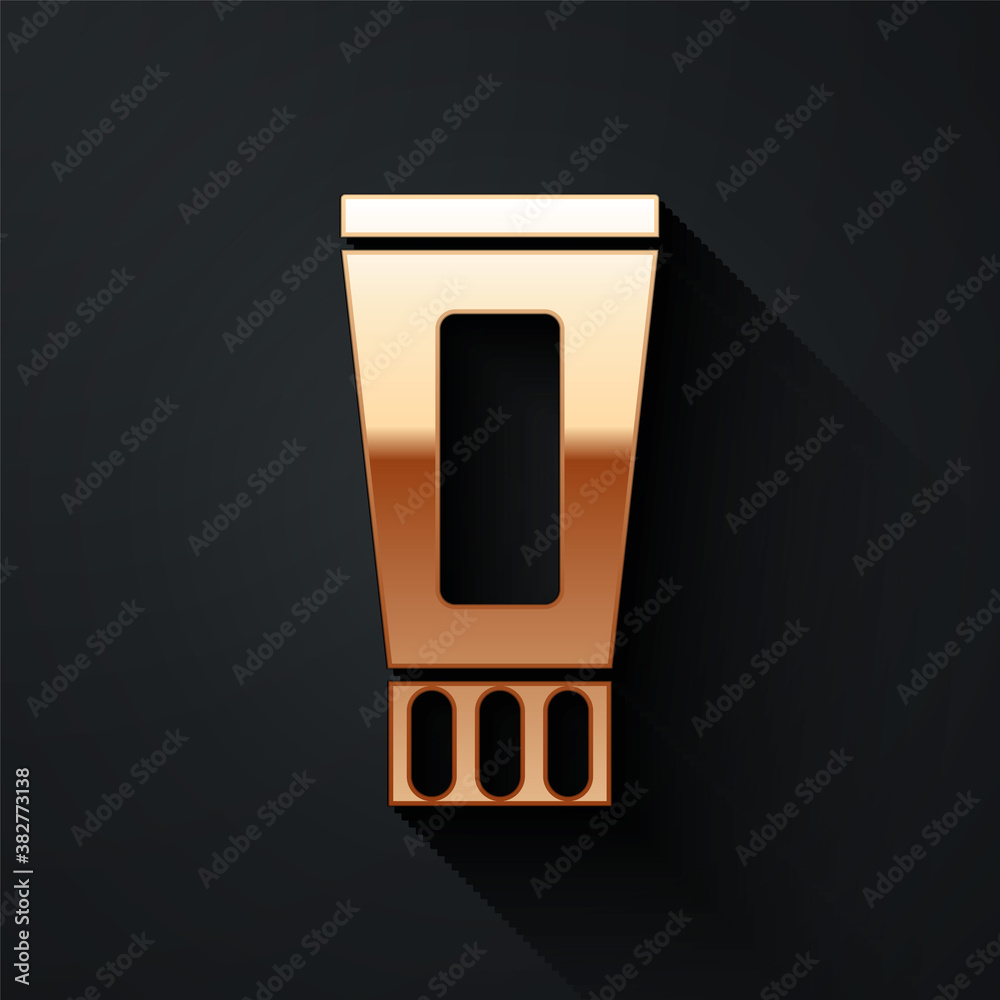 Gold Tube of toothpaste icon isolated on black background. Long shadow style. Vector.