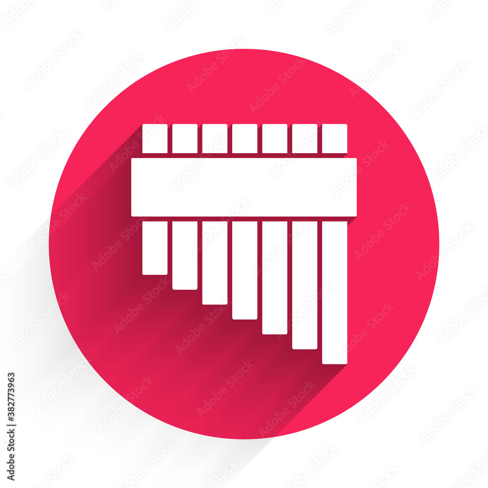 White Pan flute icon isolated with long shadow. Traditional peruvian musical instrument. Zampona. Fo