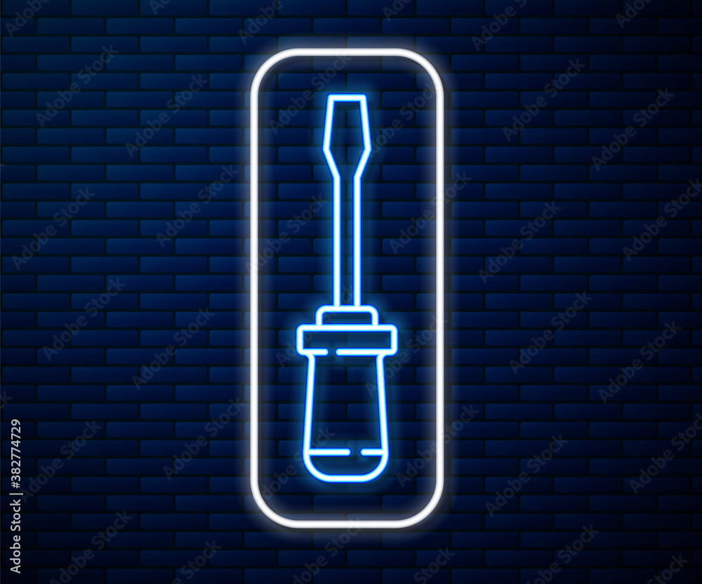 Glowing neon line Screwdriver icon isolated on brick wall background. Service tool symbol. Vector Il