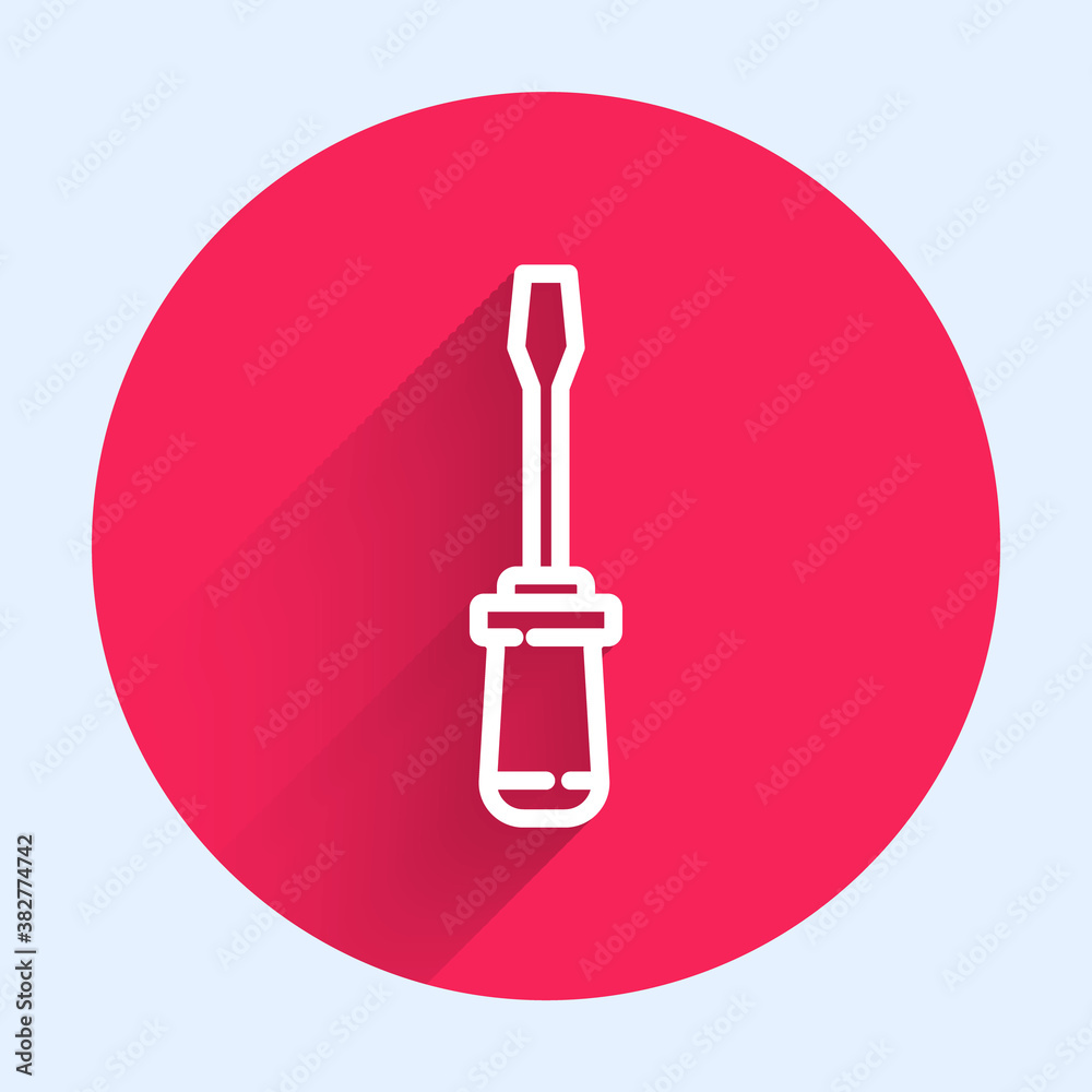 White line Screwdriver icon isolated with long shadow. Service tool symbol. Red circle button. Vecto