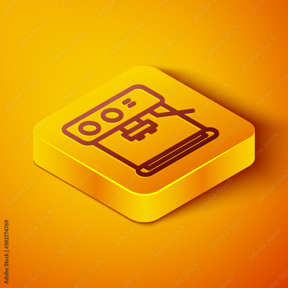 Isometric line Coffee machine icon isolated on orange background. Yellow square button. Vector Illus