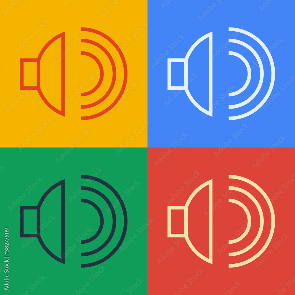 Pop art line Speaker volume, audio voice sound symbol, media music icon isolated on color background