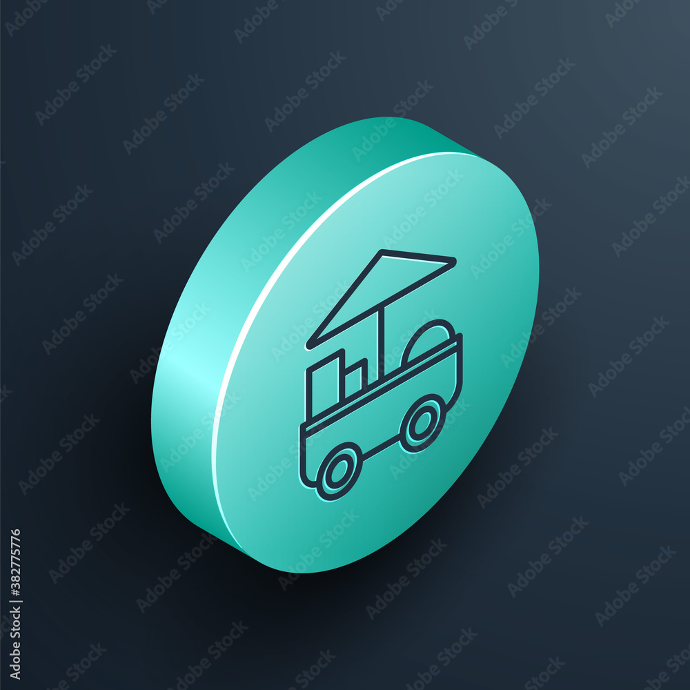 Isometric line Fast street food cart icon isolated on black background. Urban kiosk. Turquoise circl