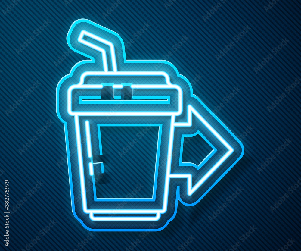 Glowing neon line Coffee cup to go icon isolated on blue background. Vector Illustration.