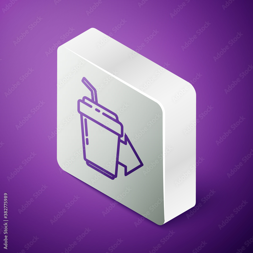 Isometric line Coffee cup to go icon isolated on purple background. Silver square button. Vector Ill