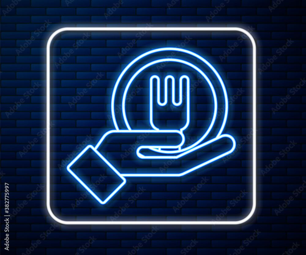 Glowing neon line Online ordering and fast food delivery icon isolated on brick wall background. Vec