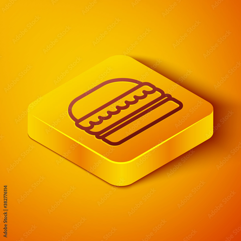 Isometric line Burger icon isolated on orange background. Hamburger icon. Cheeseburger sandwich sign