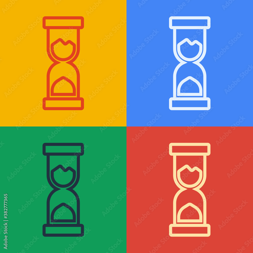 Pop art line Old hourglass with flowing sand icon isolated on color background. Sand clock sign. Bus